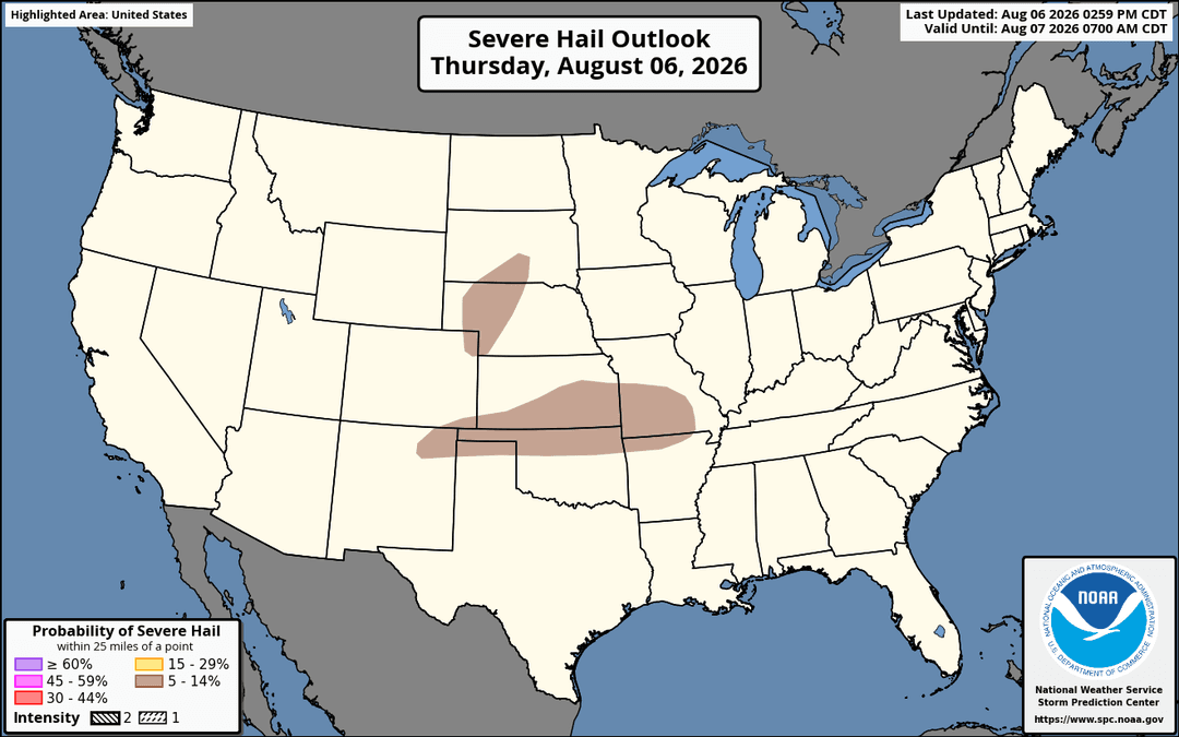 NOAA SPC day 1 hail probability outlook map